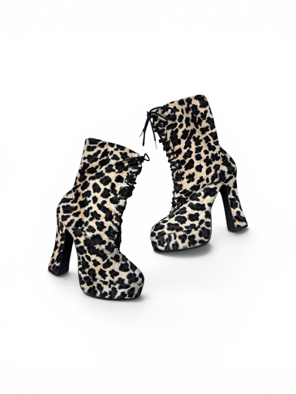 Vintage 1990s Fuzzy Faux Fur Leopard Print Platform 5” Chunky Heeled Boots 8.5 9